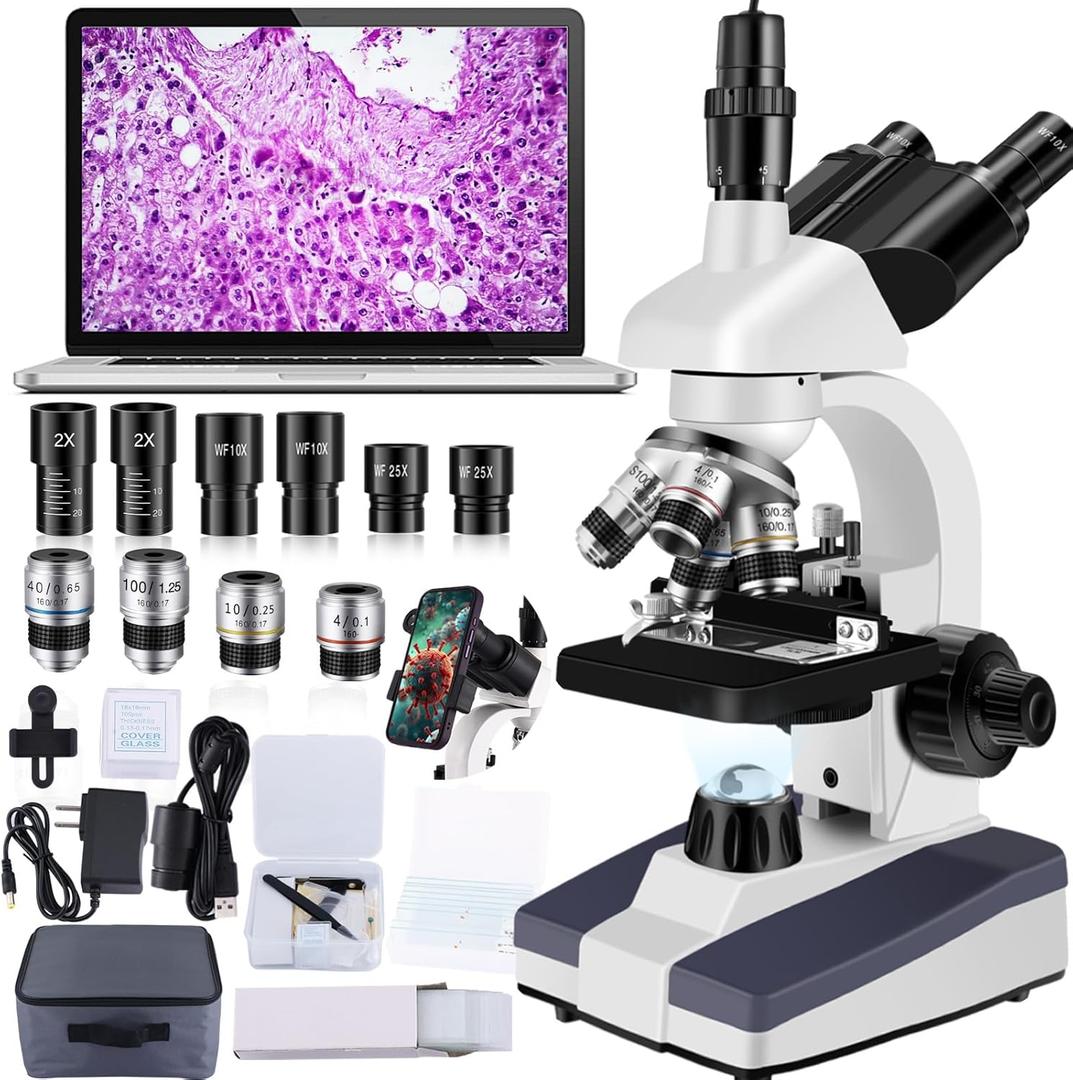 Trinocular Microscope 40X-5000X Magnification Microscope for Adults Laboratory Grade with Dual Mechanical Stage and HD USB Camera (Blue)