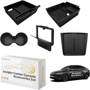 BestEvMod 5PCS Center Console Organizer Compatible with 2026 2025 Tesla New Model Y Juniper Accessories ABS Slide Smoothly Cup Holder Insert Wireless Charger Mat Silicone (Black)