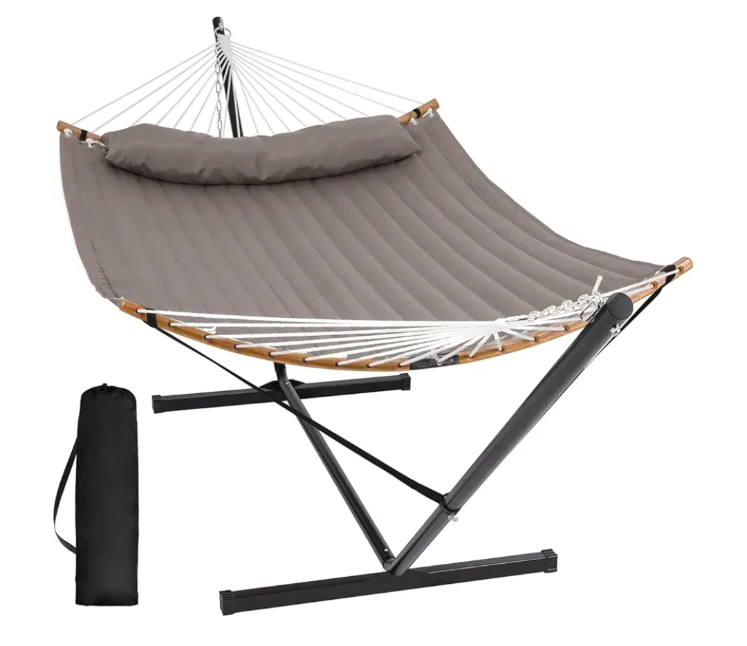 SUNCREAT Hammocks Portable Hammock with Frame, Backyard Double Hammock with Curved Spreader Bar, Brown