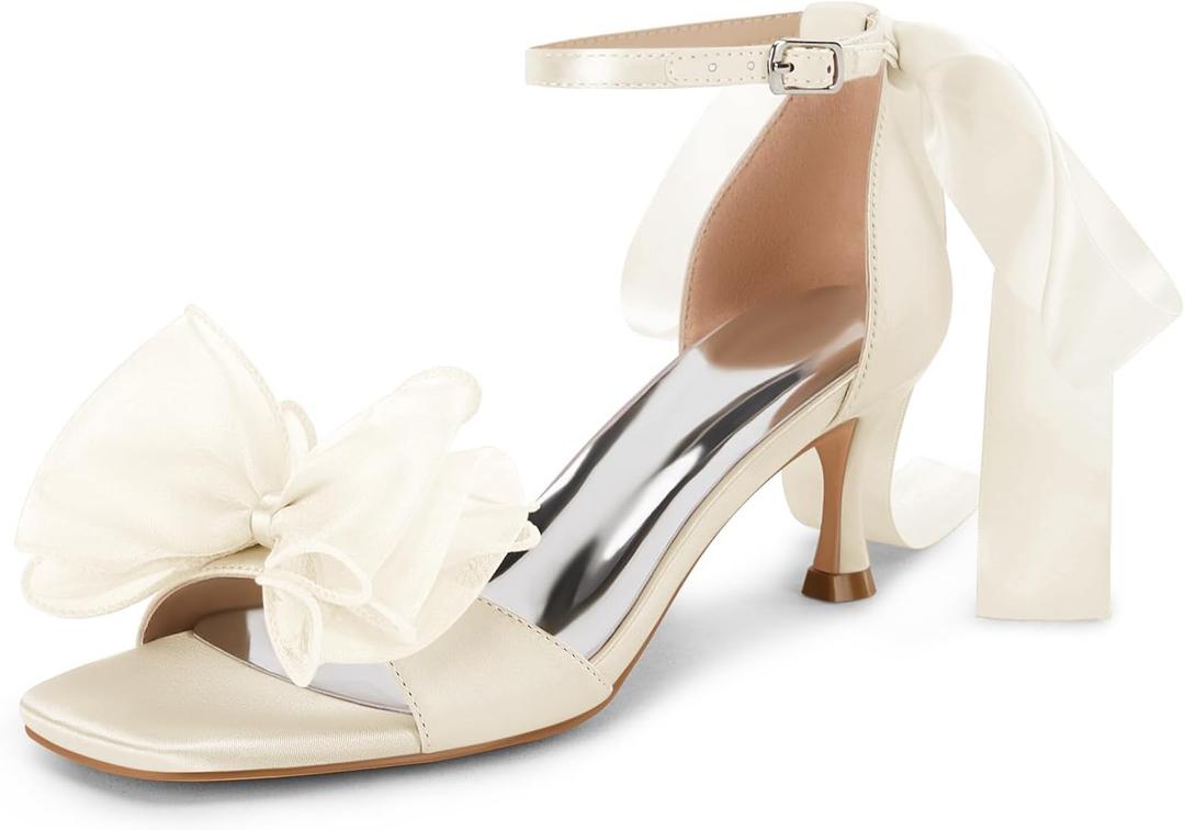 Coutgo Womens Bow Kitten Heels Sandals Square Open Toe Ankle Strap Satin Ribbon Wedding Dress Shoes (8.5, Champagne)