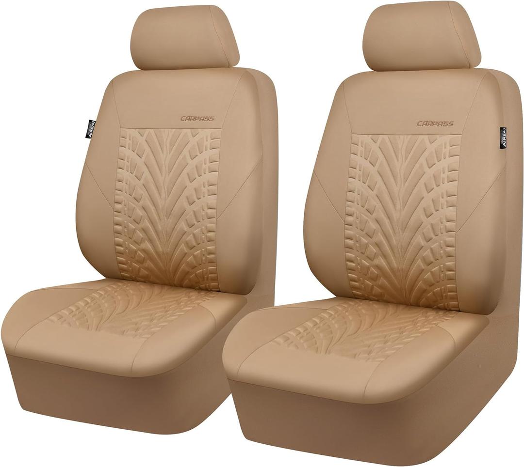 CAR PASS Car Seat Covers Two Front Only for Car, 3D Tyre Print Automotive Interior Covers, Airbag Compatible, Quick Setup Universal Fit Seat Covers for Car, Truck, SUV(All Beige)