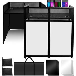 Portable DJ Booth 40" x 20", DJ Facade Table with Black/White Light Scrims, Foldable DJ Stand for Laptop and Controller,with Carry Bag, Cable Hole, Perfect for Bars, Clubs, Party, Private Events