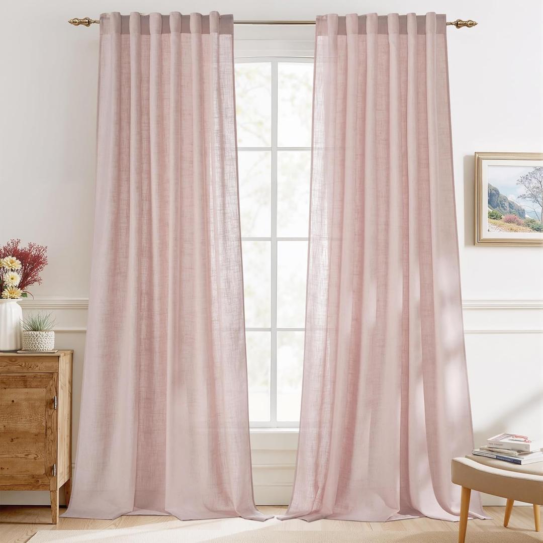 StangH Pink Linen Curtains for Nursery, Elegant Light Filtering Drapes with Privacy Added Farmhouse Semi Sheer Window Coverings for Girl's Bedroom Play Room, W55 x L90, 2 Panels