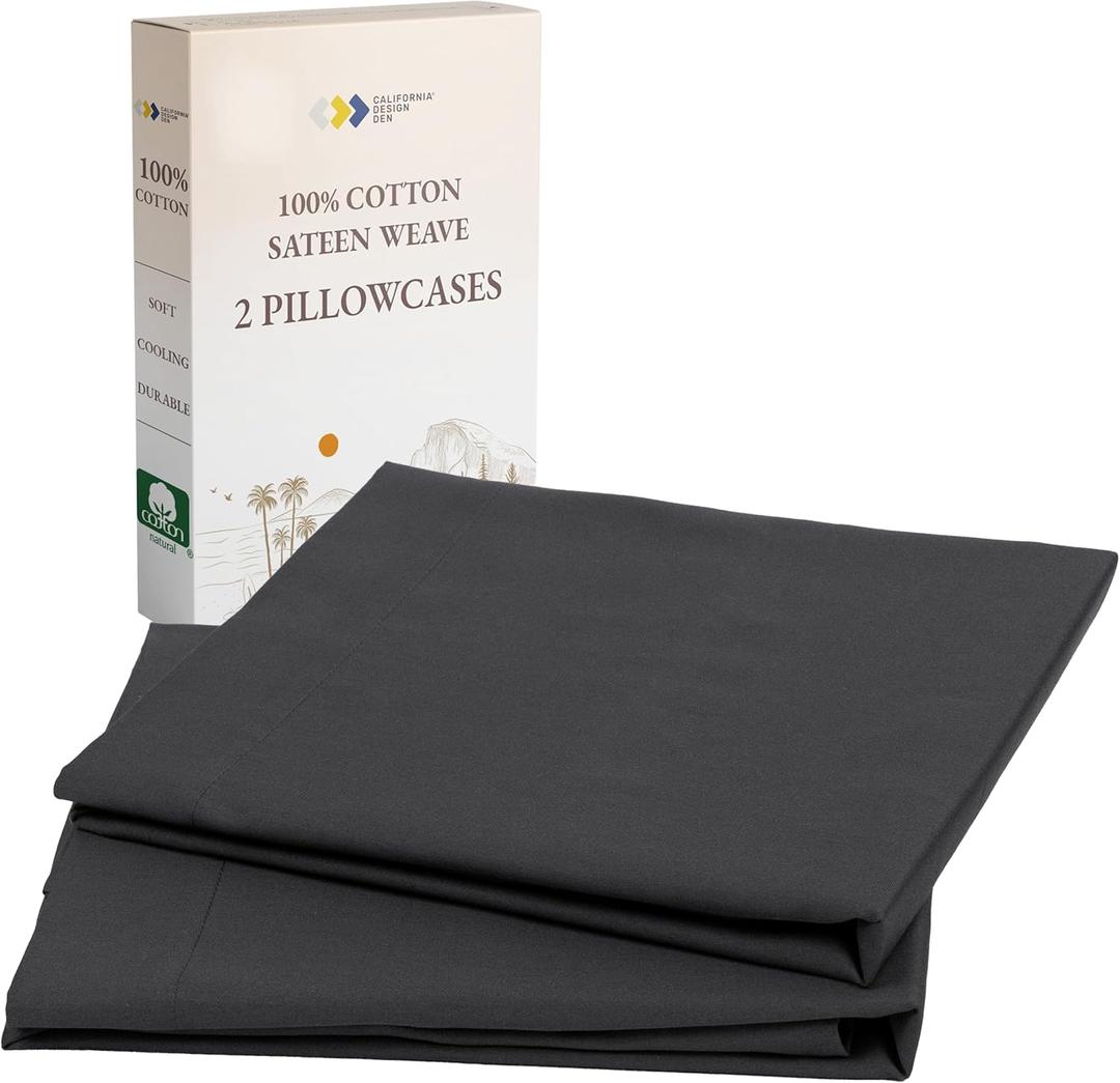 California Design Den 100% Cotton King Size Pillow Cases Set of 2, Soft Sateen Weave King Pillow case - Dark Grey (Black Tone)