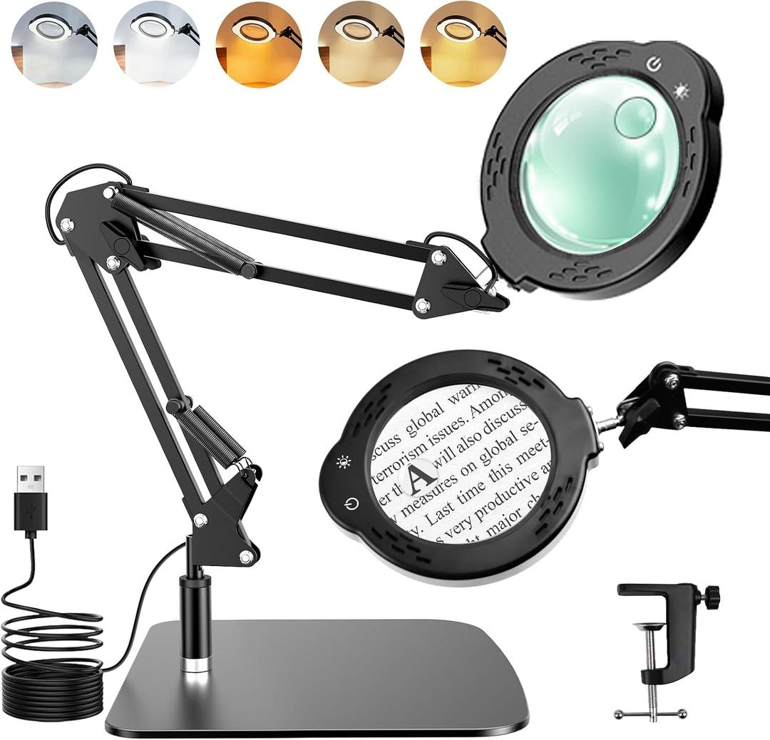 Magnifying Glass with Light and Stand, 10X 30X Desktop LED Magnifying Lamp with Base and Clamp, 5 Color Modes, 3 Dimmable Levels Hands Free Magnifying Glass for Reading, Close Work, Crafts, Jewelry