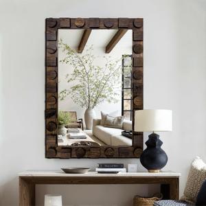 36x24 Inch Handcrafted Solid Wood Square Wall Mirror with Geometric Wood Inlay Design, Rustic Natural Texture for Bathroom, Bedroom, Living Room Decor (Dark Drown)