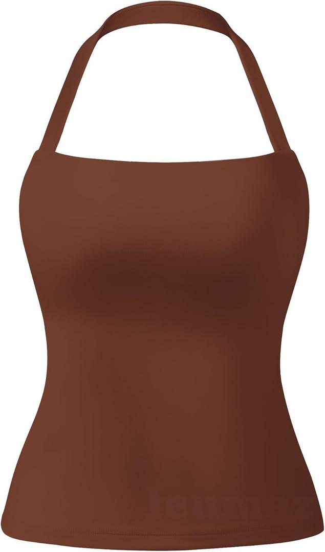 Ieumaz Workout Halter Tank Tops for Women with Built in Bra Sleeveless Backless Square Neck Longline Gym Yoga Top (Red, XS)