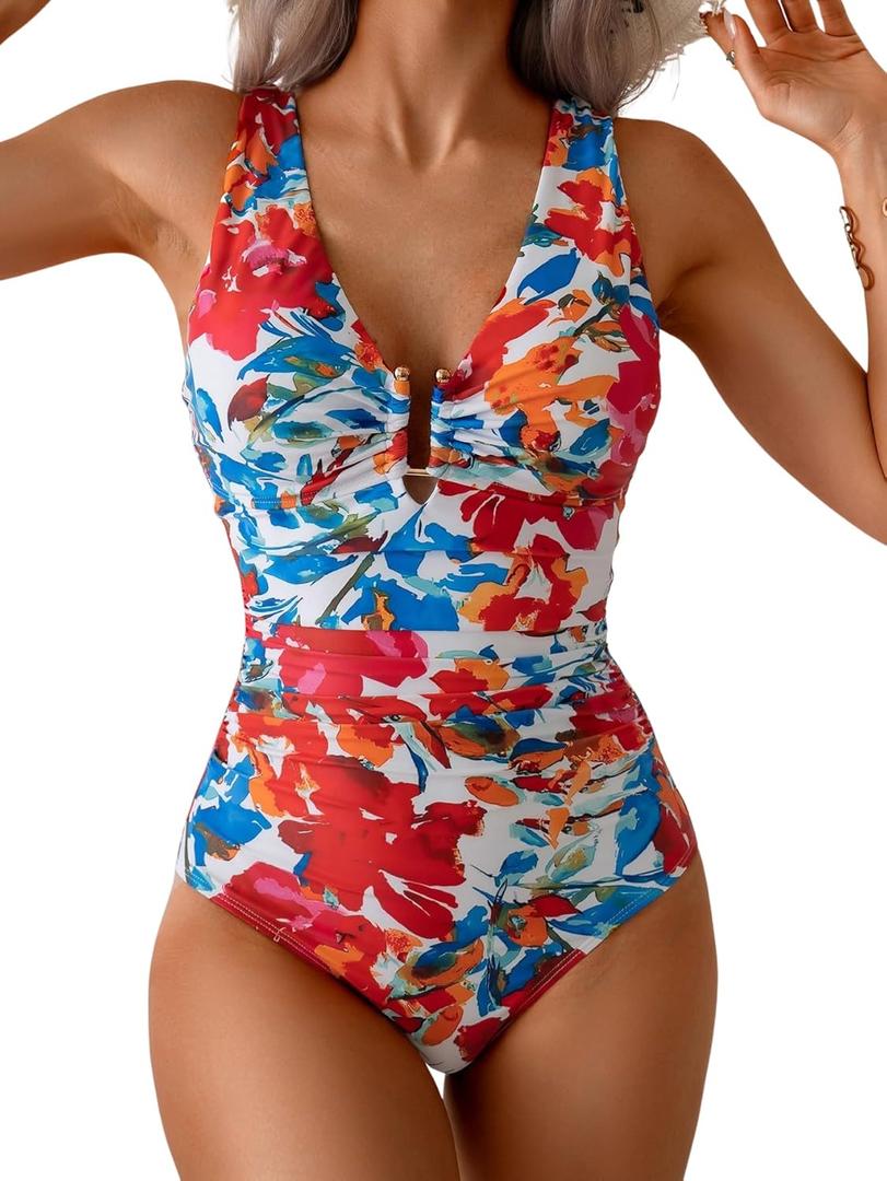 B2prity One Piece Swimsuit for Women Tummy Control V Neck Bathing Suit Ruched Slimming Swim Suit Push Up Swimwear (X-Large, Red Floral Print)