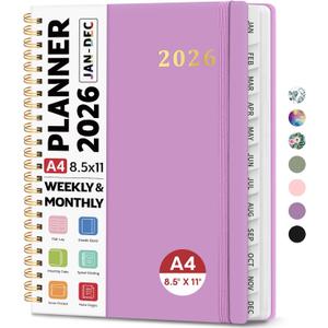 2026 Planner 8.5" x 11", Weekly and Monthly Calendar Planner Book, January 2026 - December 2026, Hardcover Spiral Planner with Monthly Tabs, Notes Pages, Perfect for Women & Men, A4 - Purple