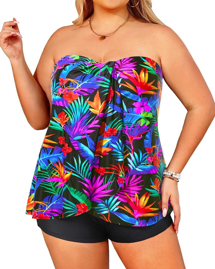 Daci Plus Size Bandeau Tankini Swimsuit for Women 2 Piece Halter Swim Top with Shorts Tummy Control Bathing Suits (Colorful Leaves), Size: 18 Plus