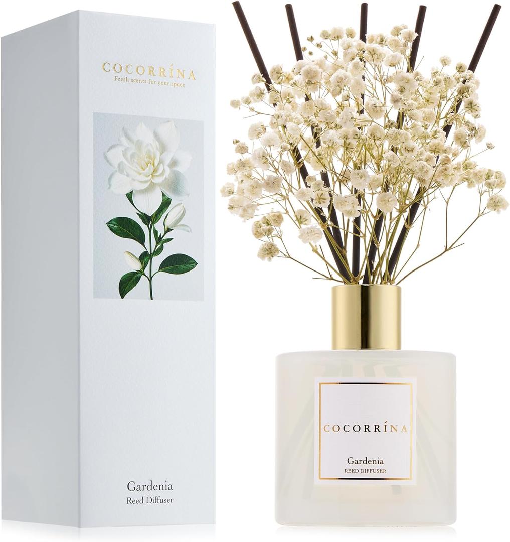 COCORRNA Reed Diffuser - Gardenia 6.7 Fl.oz Reed Diffuser Set with Sticks & Preserved Baby's Breath, Reed Diffuser for Home Bathroom Shelf Decor