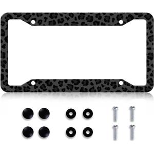 LIN KANG Black Leopard Cheetah Print License Plate Frame Funny Animal Print License Plates Holder Stainless Steel Auto Parts Rust-Proof Waterproof Car Decorative Tag Frame for Standard US 12x6 Inch