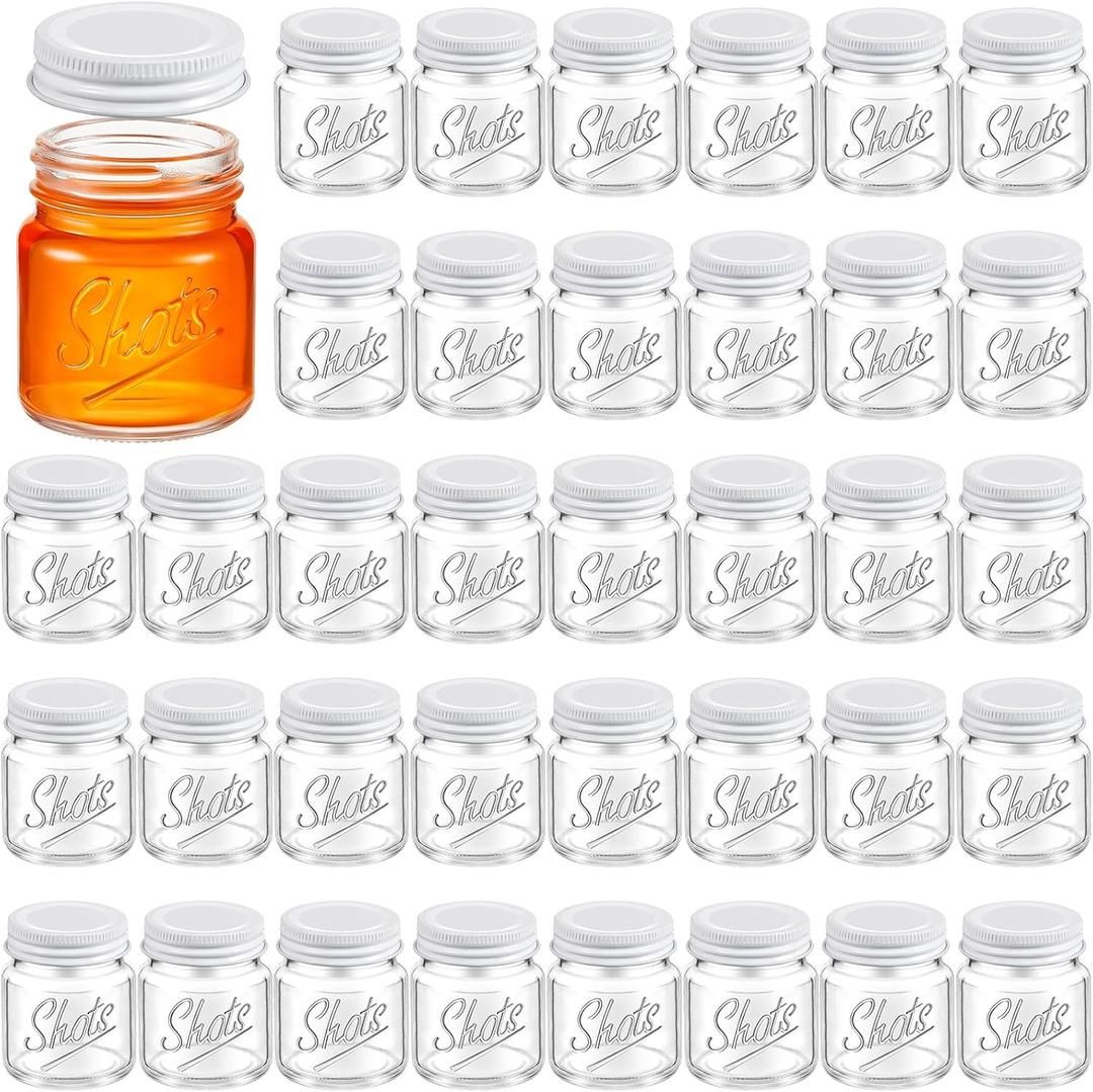 Tessco 36 Pcs Mini Mason Jar Shot Glasses with Lids 2 oz Dishwasher Safe Mason Canning Jars for Bachelorette Wedding Party Favors Bar Drinks Home Desserts Honey Jam Candy Storage (Clear,White)