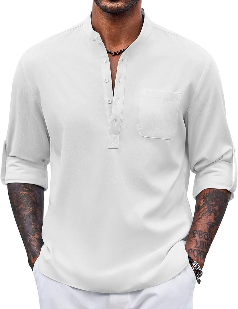 COOFANDY Men's Henley Shirt Long Sleeve Lightweight Casual T-Shirt Summer Beach Hippie Tee Shirt (White, XL)