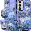 Buleens for Samsung Galaxy S24 FE Case - with Ring Stand & Camera Cover Aesthetic Cute Designed S24FE Case Women Girl Girly Kawaii Blue Water Lily for Samsung S24 FE Phone Case Compatible with Magsafe