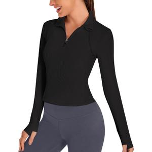 BMJL Womens Workout Tops Long Sleeve Golf Shirts UPF 50 Ribbed Light Jackets Quarter Zip Pullover Three Pockets (Black, L)
