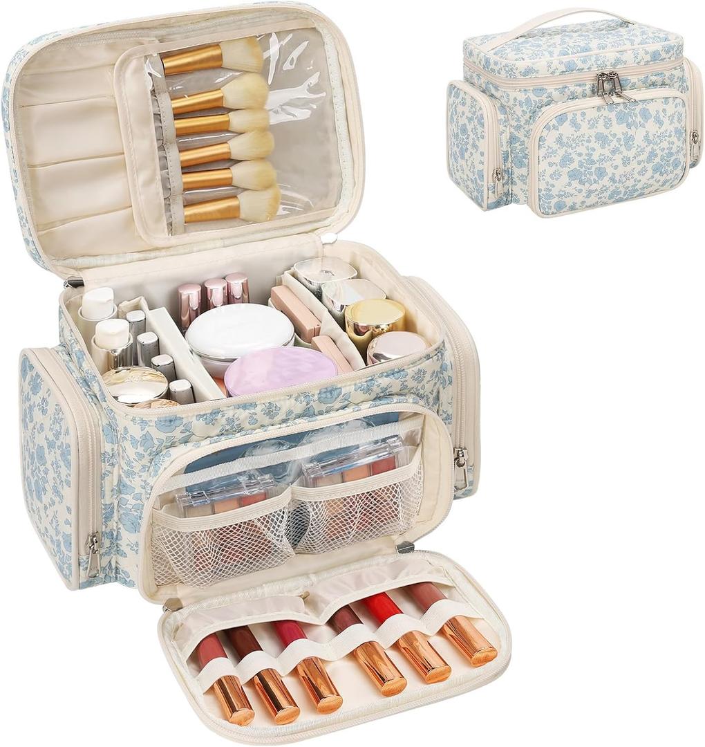 Large Cotton Makeup Bag, Quilted Floral Makeup Bag Organizer for Women Girls with Makeup Brush Compartment & Two Side Pockets, Cosmetic Travel Bag Vertical Storage- Blue Flower (MEDIUM)