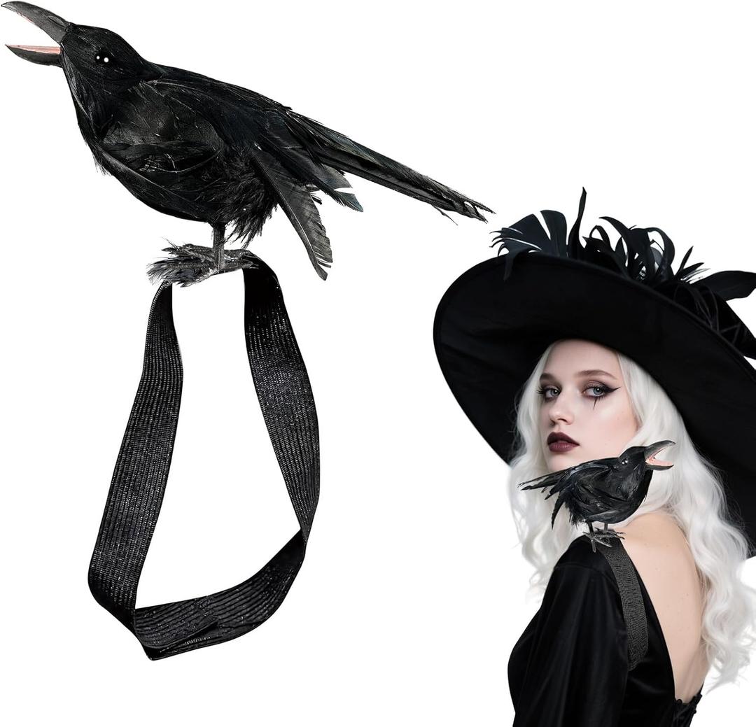 Wowagoga Halloween Realistic Crow Black Feather Crow Statue Shoulder Strap Style Halloween Party Decoration Outdoor Bird Props for Holiday Dressing