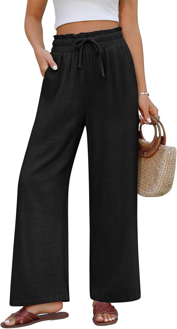 Linen Pants for Women High Waist Flowy Wide Leg Palazzo Pant Casual Boho Beach Pant Trouser Summer Vacation Outfit (White, XXL)