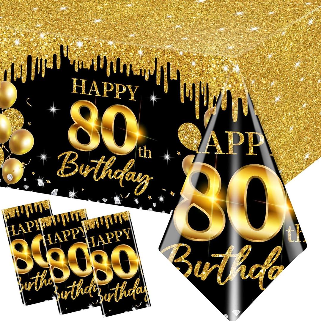 80th Birthday Tablecloth, 3Pcs Black Gold 80th Birthday Decorations Table Cloth 1954 Cheers to 80 Years Table Cover for Men Woman