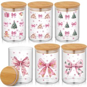 Pink Christmas Glass Storage Jars with Airtight Bamboo Lid Merry and Bright Christmas Canister Set for Home Winter Xmas Kitchen Countertop
