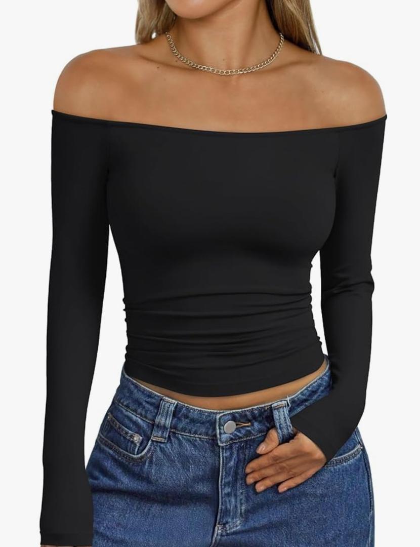 Womens Long Sleeve Off The Shoulder Tops Going Out Cute Basic Y2K Fall Fashion 2025 Outfits Clothes XS