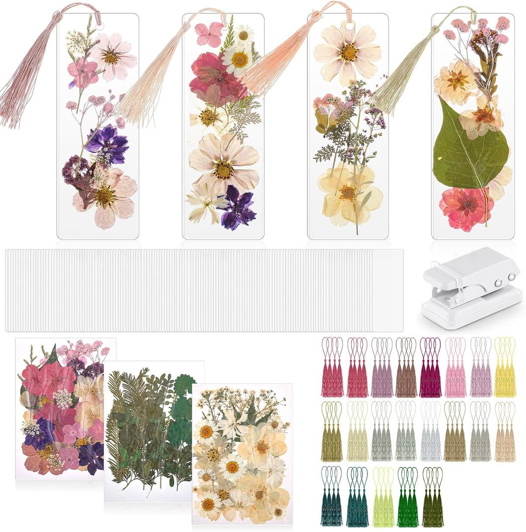 Fuyoooo 376 Pcs Dried Flower Bookmark Making Kit, DIY Bookmark Laminating Pouches with Tassels and Puncher DIY Project Gifts for Mother's Day Women Book Lovers (Boho Color,2 x 6 Inch)