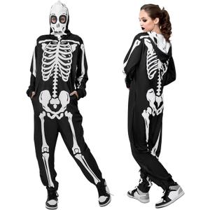 Adult Onesie Skeleton Costume Women Front and Back Bone Print Halloween Skeleton Jumpsuit Men with Zipper Hooded, (X-Large)