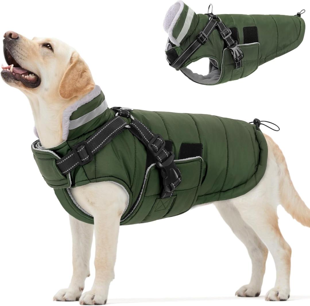 Queenmore Winter Dog Jackets for Large Dogs XXL, Waterproof Winter Coat for Extra Large Pitbull Danes, Warm Puffer Snow Jacket for Cold Weather - Fleece Lining Hook & Loop Closure Reflective, Green