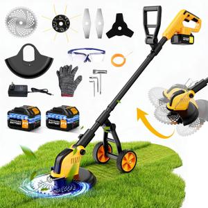 6000mAh Cordless Electric Weed Wacker, 12" Brushless Cordless String T,rimmer, 4 in 1 Weed Eater/Brush Cutter/Weed Trimmer with 2*Batteries Powered & Auxiliary Wheels, Grass Trimmer (Yellow)
