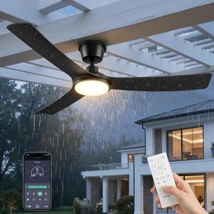56" Outdoor Ceiling Fan with Light, IP66 Waterproof Ceiling Fans | Remote & App Control, Reversible DC Motor, 3 CCT, Dimmable LED, Auto Memory, Large Ceiling Fans for Patios, Gazebo, Porch