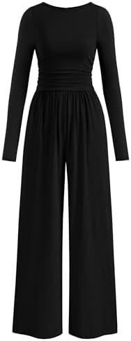 PRETTYGARDEN One Piece Jumpsuits for Women Dressy Casual Long Sleeve Crewneck Wide Leg Romper Overalls Fall Outfits 2026, L