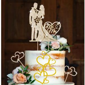 4PCS Wedding Cake Toppers Luxury Gold Bride and Groom Cake Topper Mr and Mrs with Crystal Rhinestones Heart Shape Reusable Metal Marriage Cake Decoration for Wedding,Engagement,Anniversary