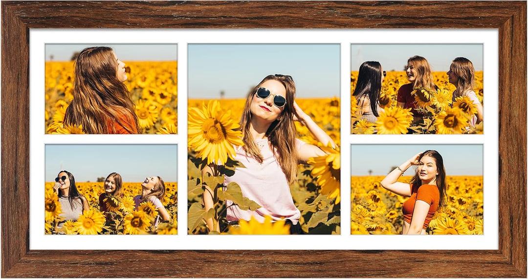 11x23 Picture Frame Display 5 opening 5x7 and 8x10 Picture Frame Collage,Multi Photo Frame with Mat,Plexiglass,Horizontal and Vertical Formats for Wall Decor,Carbonized Brown Wood Grain