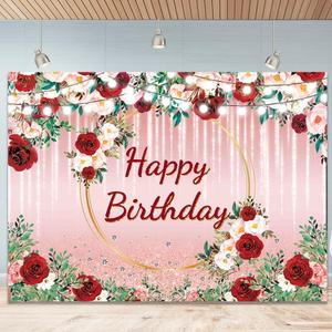 Pink Happy Birthday Backdrop for Women 7x5Ft Pink and Red Rose Birthday Backdrop Banner for Girl 's Party Decorations Banner for 30th 40th 50th Women Polyester Photography Background 7x5Ft