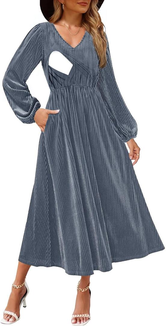 CzzzyL Women's Latched Mama Nursing Long Sleeve V Neck Velvet Maxi Dress Bridesmaid Wedding Guest Formal Dresses with Pockets(Greyblue, Small)