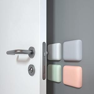 Door Handle Bumper 4 PCE Self-Adhesive Geometry Square Wall Protector Door Knob Wall Shield Rubber Buffer Crash Pads Door Stoppers for Furniture Glass Table, White Grey Pink & Green