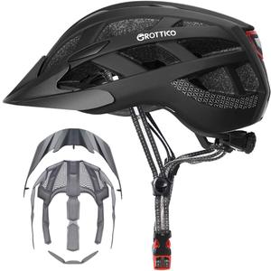 Adult-Men-Women Bike Helmet with Light - Mountain Road Bicycle Helmet with Replacement Pads & Detachable Visor (M(55-58cm), Matte Black)