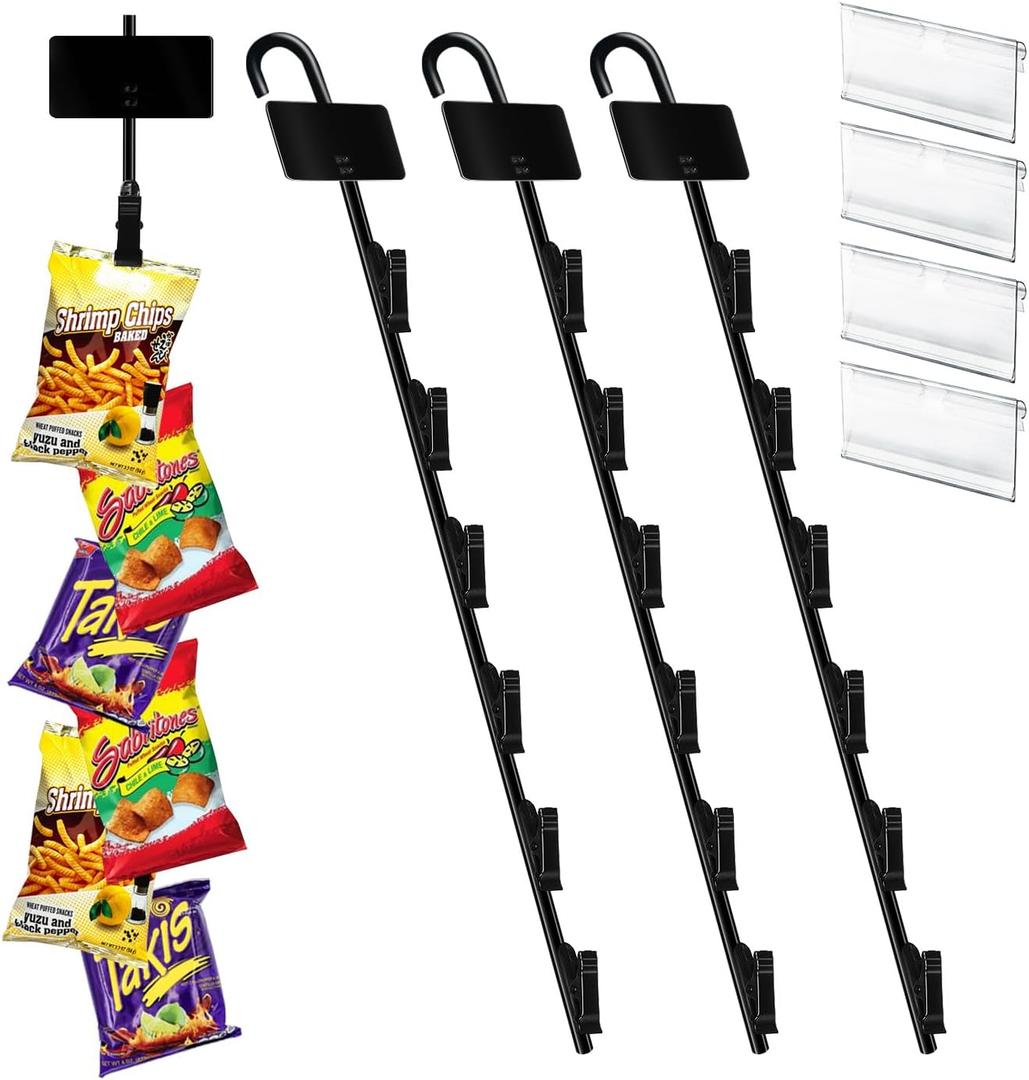 Chip Hanger Strips Hooks Display Hanging 16.5" with 6 Chip Greeting Card Party Merchandise Vendors Potato Bag Holder Snack Candy Portable Retail Organizer Storage Metal with Label Header 4 Pack