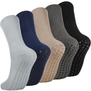 3/5 Pairs Pilates Socks with Grips for Women Men, Non Slip Crew Socks for Yoga, Barre, Dance, Ballet, Fitness, L