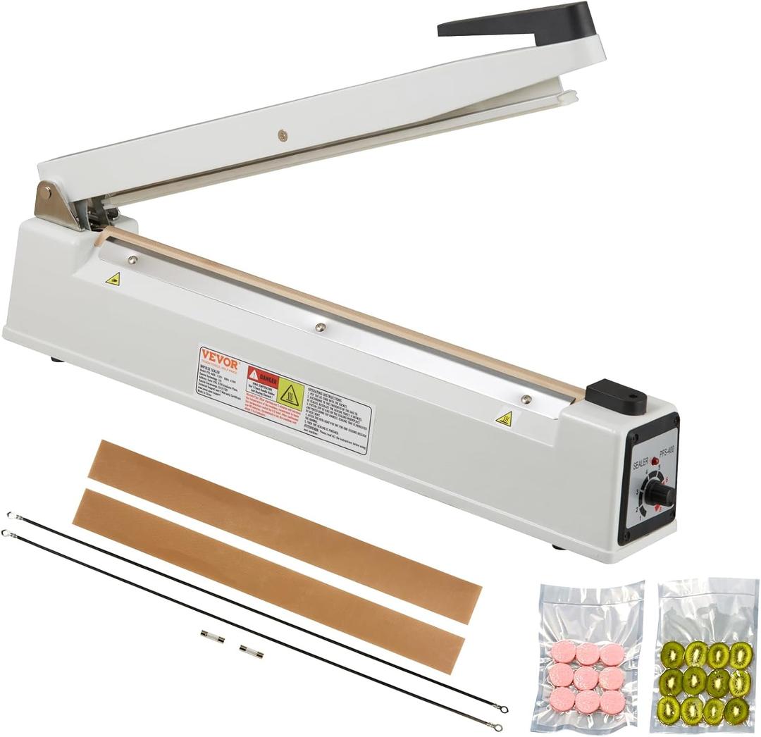VEVOR Impulse Sealer 16 inch, Manual Heat Sealing Machine with Adjustable Heating Mode, Aluminum Shrink Wrap Bag Sealers for Plastic Mylar PE PP Bags, Portable Poly Bag Sealer with Extra Replace Kit (White)