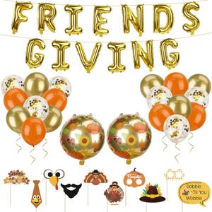 Friendsgiving Party Decorations, Friendsgiving Balloons Garland Kit includes Gold "FRIENDS GIVING" Foil Banner, 14 Balloons, 10 Photo Props and 1 Gold Fringe Curtain, 38 Pcs Thanksgiving Fall Decor