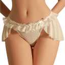 OYOANGLE Women's Lingerie Lace Ruffle Panties Bowknot Mid Waist Thongs Underwear (White)