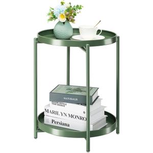 danpinera 2 Tier Metal Side Table with Removable Tray, Folding End Table Outdoor Small Accent Table, Anti-Rust Green Nightstand for Bedroom Balcony Patio, Set of 2 (Dark Green)