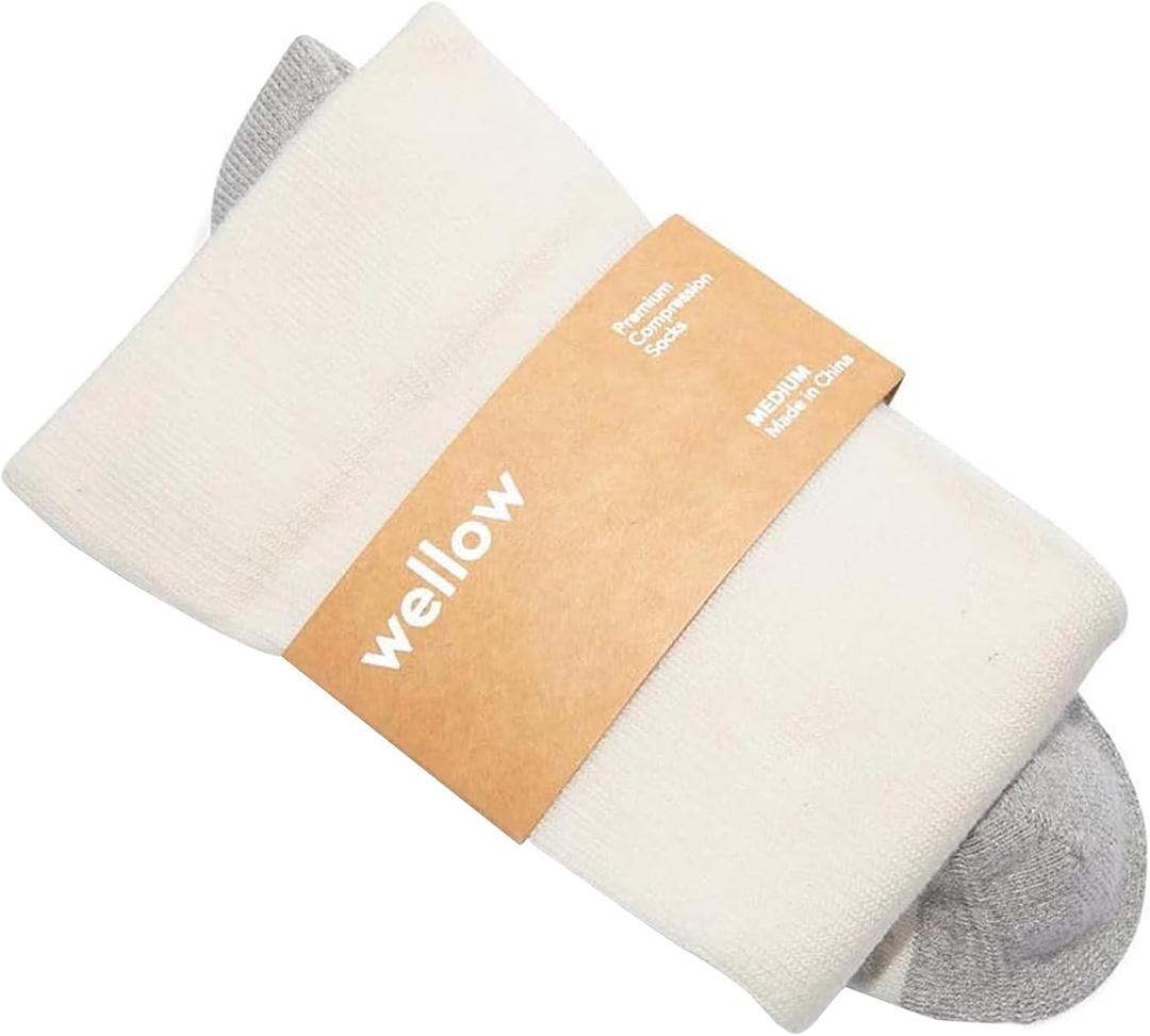 Wellow Wide Calf Compression Socks, Knee High Support, Fit for Men & Women, 18-25 mmHg, Made with Viscose from Bamboo (X-Large, Egret - Solids)