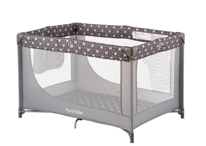Pamo Babe Portable Crib Baby Playpen with Mattress and Carry Bag Grey