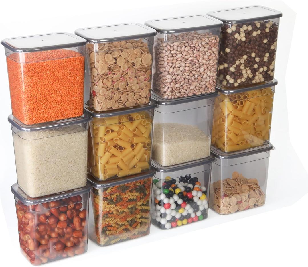 T&D HOME GOODS Storage Jars with Lid, Airtight, Set of 12 Storage Containers, BPA-Free, Storage Container for Cereal, Flour, Kitchen, Practical Organiser Kitchen, (12, Rectangular)