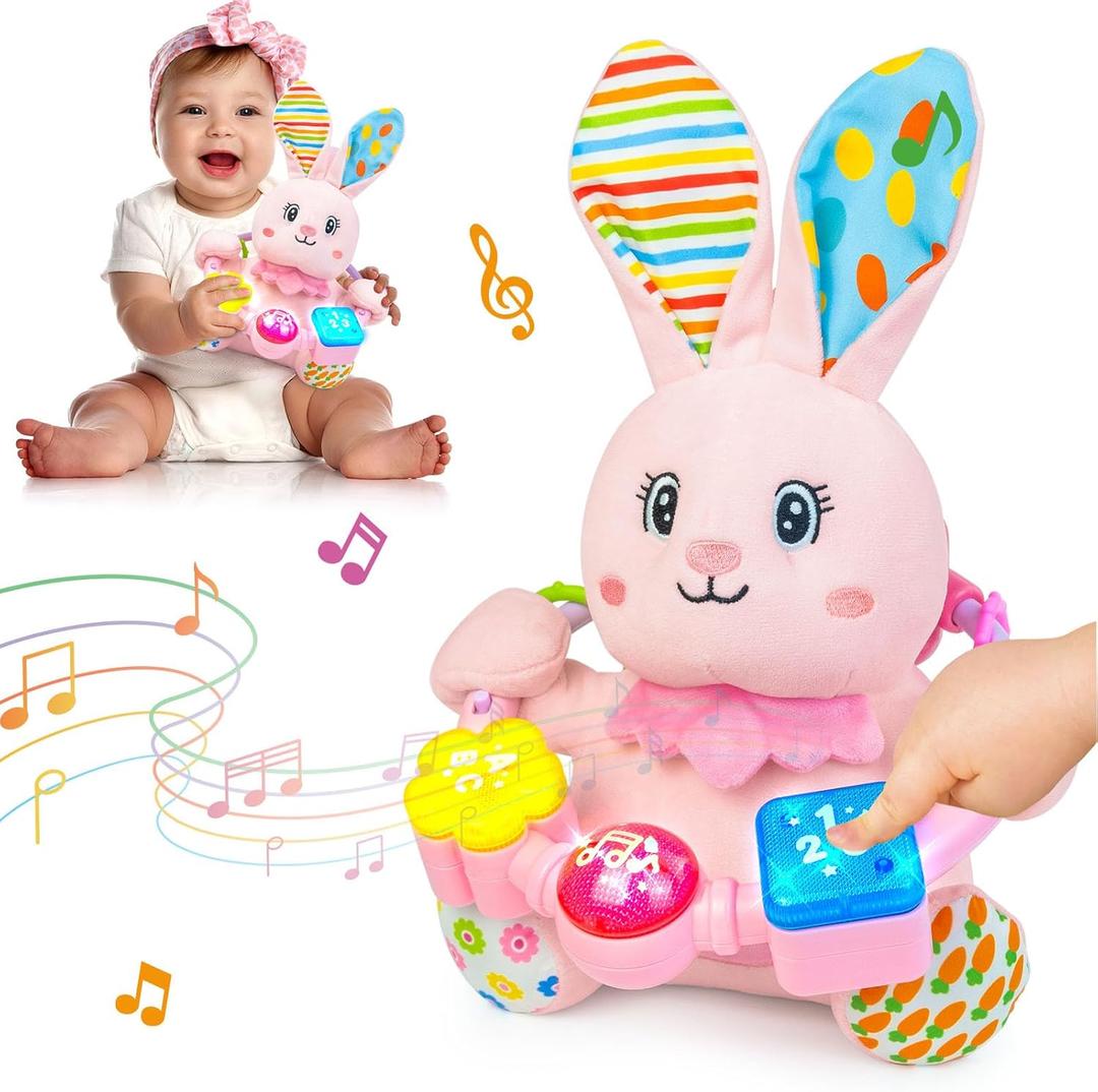 Baby Bilingual Musical Rabbit Stuffed Animals Toys,Infant Early Learning Toy with Light-Up Music & Crinkle,Tummy Time Toys for 0 3 6 9 12+ Months for Baby Boy Girl Gift,Pink