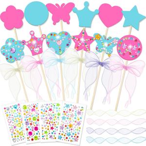 Juexica 20 Pcs Princess Fairy Wands Kit Include 6 Styles Unfinished Wooden Princess Accessories, 4 Pcs Gem Stickers, 4 Rolls Ribbons Make Your Own Fairy Wands for Kids Birthday (Pink, Light Blue)