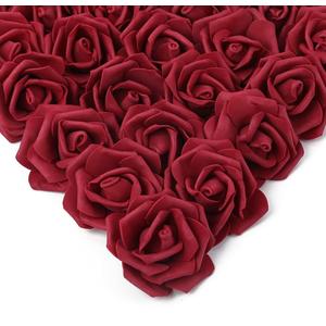 IPOPU Artificial Rose Flower Heads, 100 Pcs Real Looking Burgundy Foam Fake Roses for DIY Wedding Baby Shower Centerpieces Arrangements Party Tables Home Decorations (Wine red, Stemless)